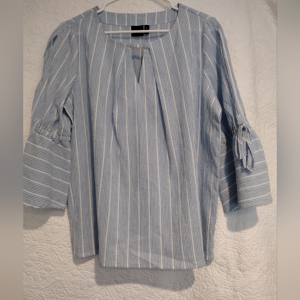 Rafaella Medium Blouse Slit/Bell Sleeves Blue White Stripe Cotton Boho Cotton